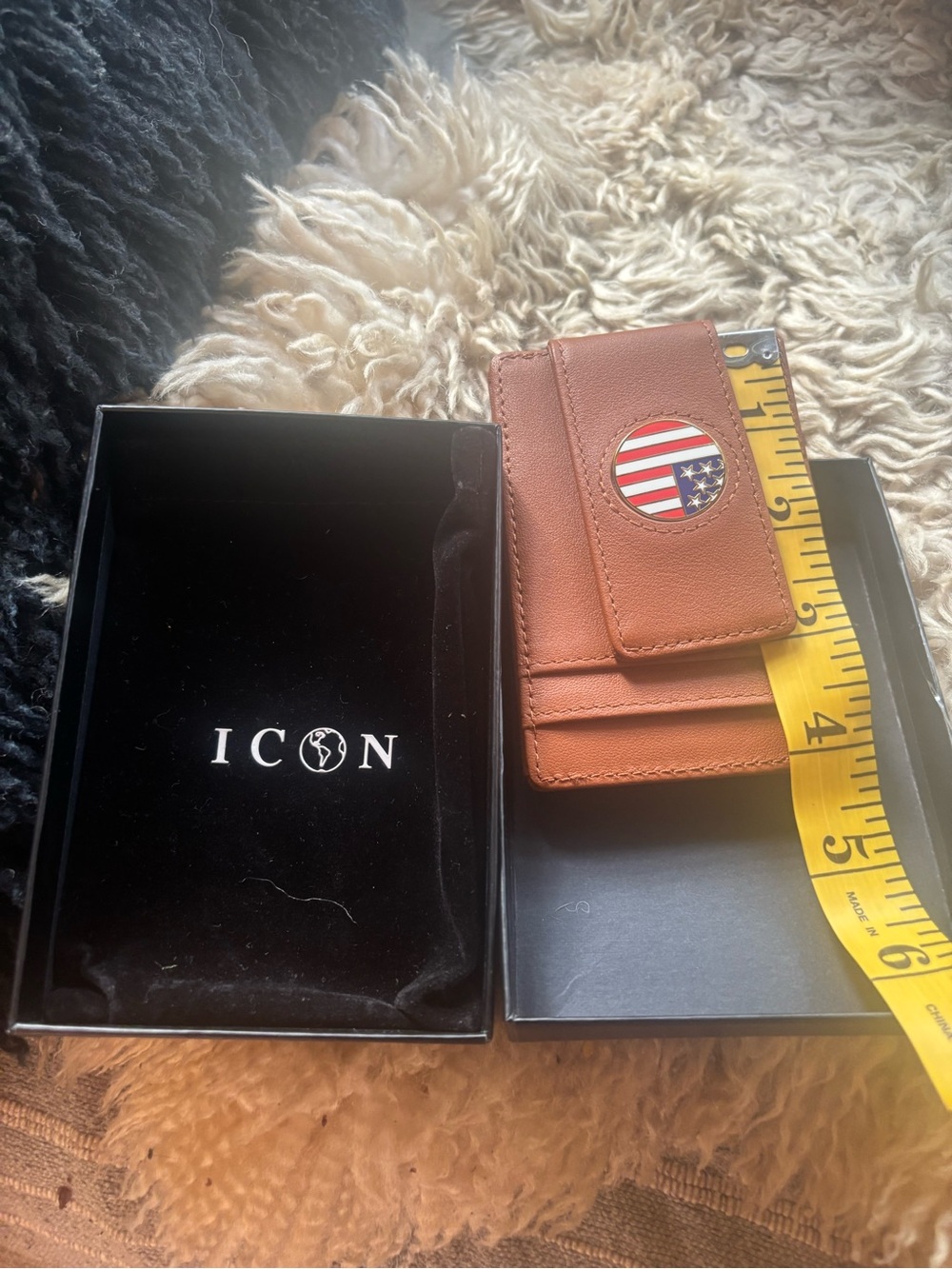 ICON Tan Leather Card Holder with American Flag Emblem